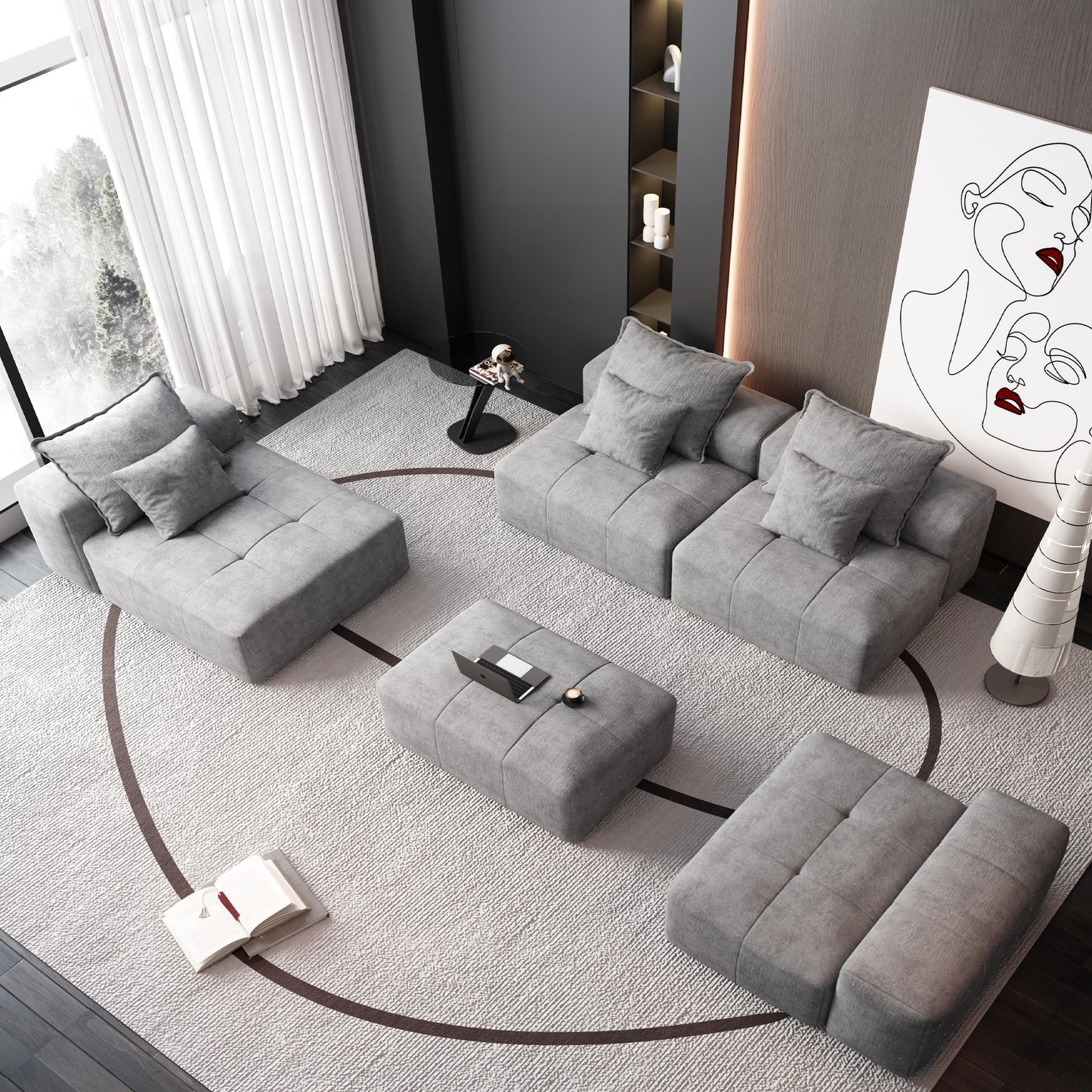 Canapé modulaire moderne surdimensionné en chenille avec coussins et 6 oreillers pour le salon