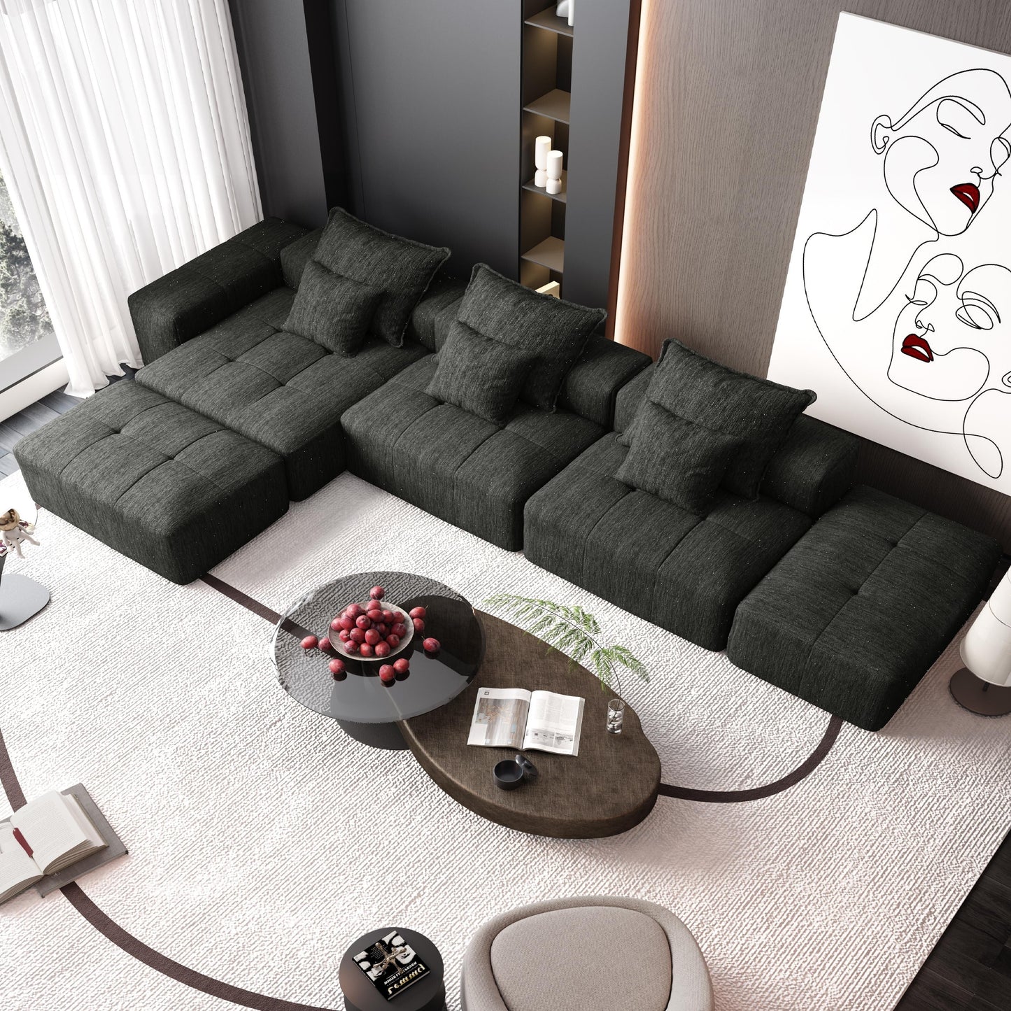 Canapé modulaire moderne surdimensionné en chenille avec coussins et 6 oreillers pour le salon