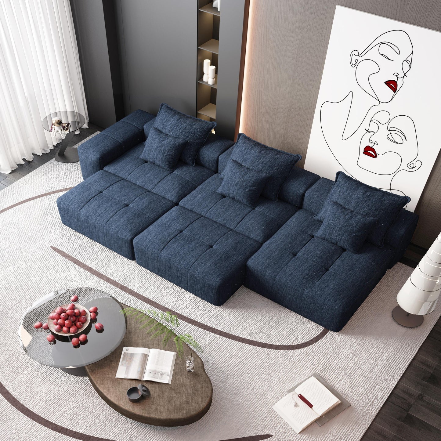 Canapé modulaire moderne surdimensionné en chenille avec coussins et 6 oreillers pour le salon