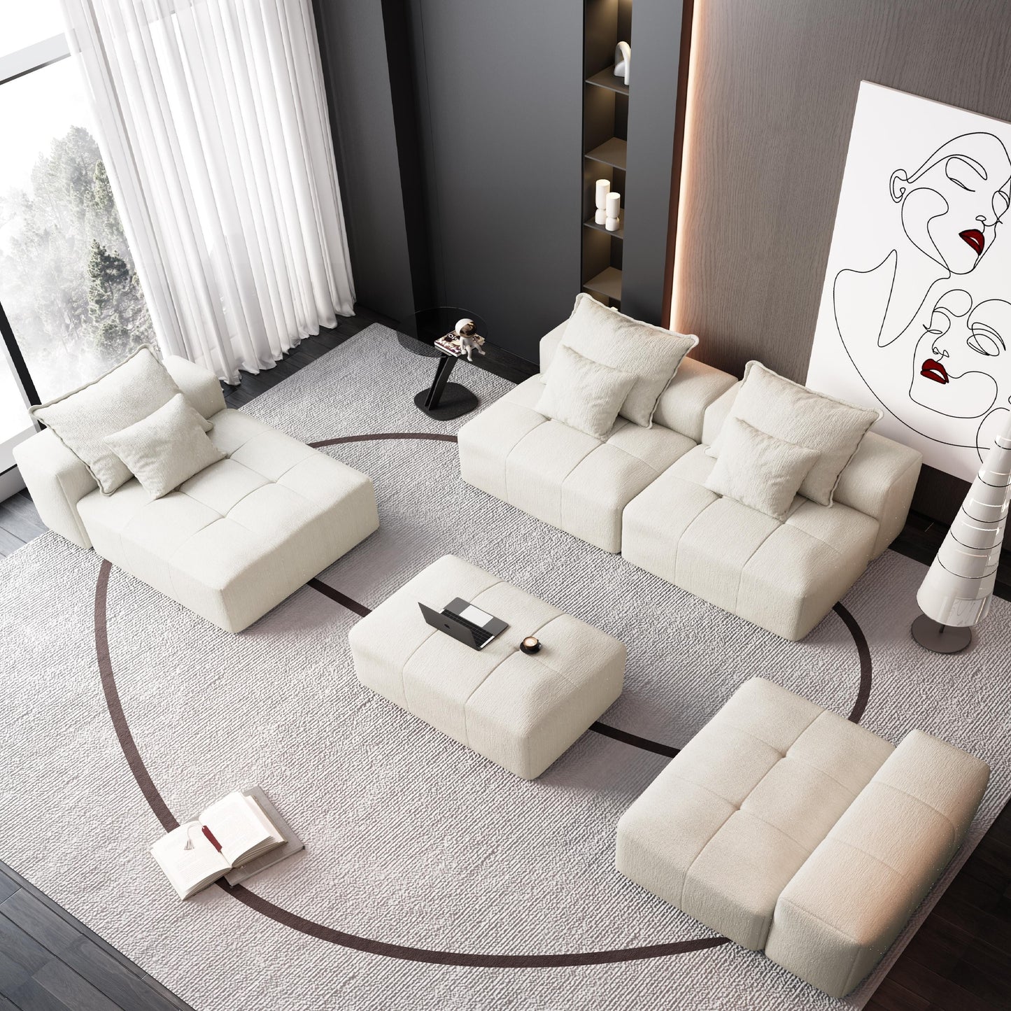 Canapé modulaire moderne surdimensionné en chenille avec coussins et 6 oreillers pour le salon