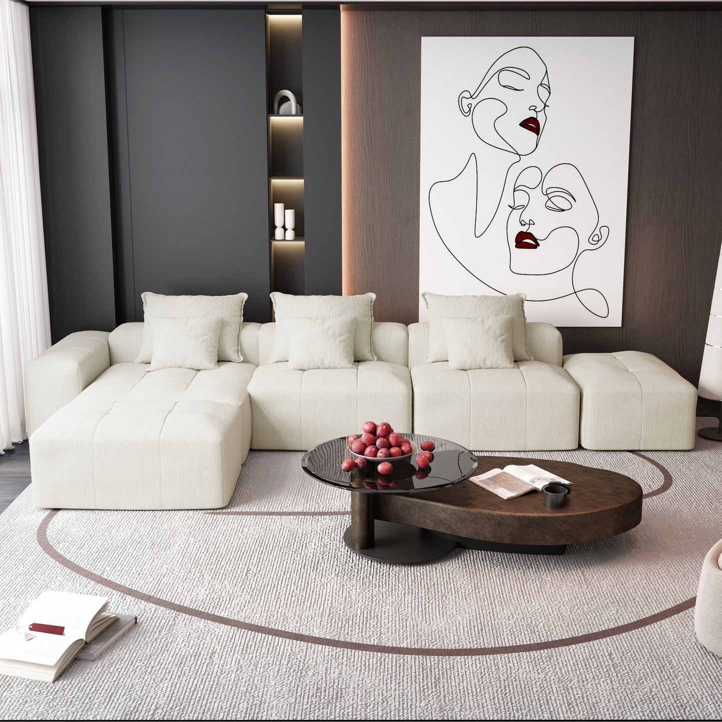 Canapé modulaire moderne surdimensionné en chenille avec coussins et 6 oreillers pour le salon