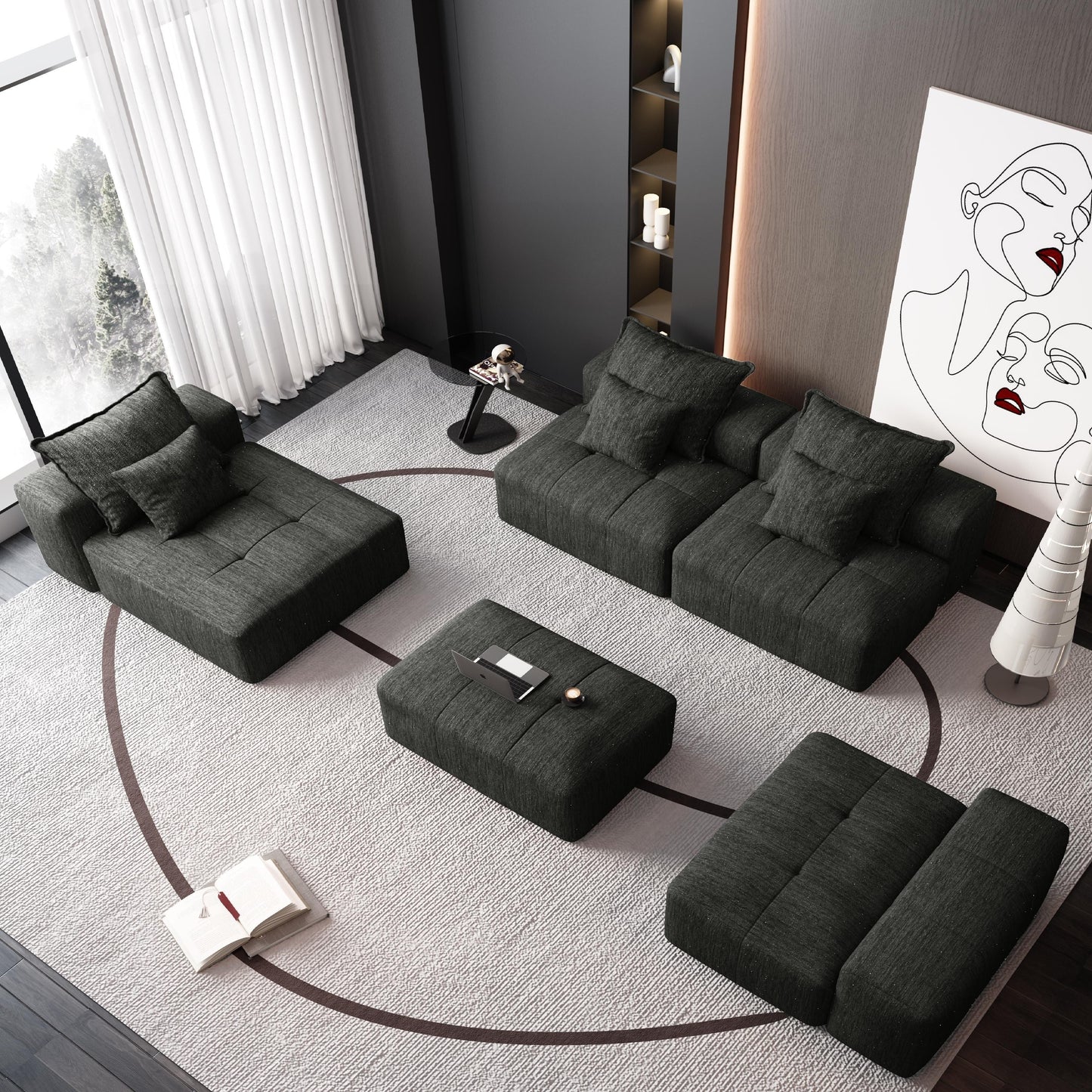 Canapé modulaire moderne surdimensionné en chenille avec coussins et 6 oreillers pour le salon