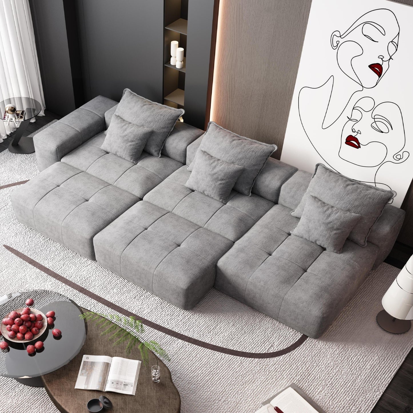 Canapé modulaire moderne surdimensionné en chenille avec coussins et 6 oreillers pour le salon