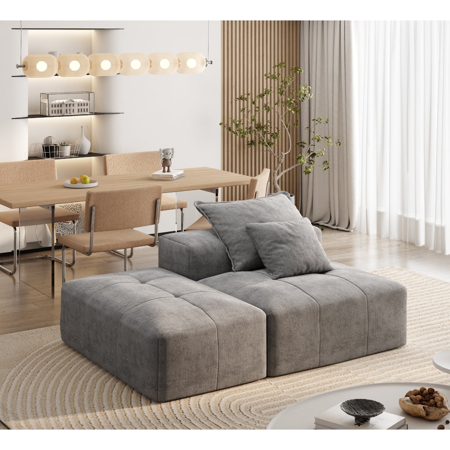 Canapé modulaire moderne surdimensionné en chenille capitonné avec 2 oreillers et pouf pour le salon