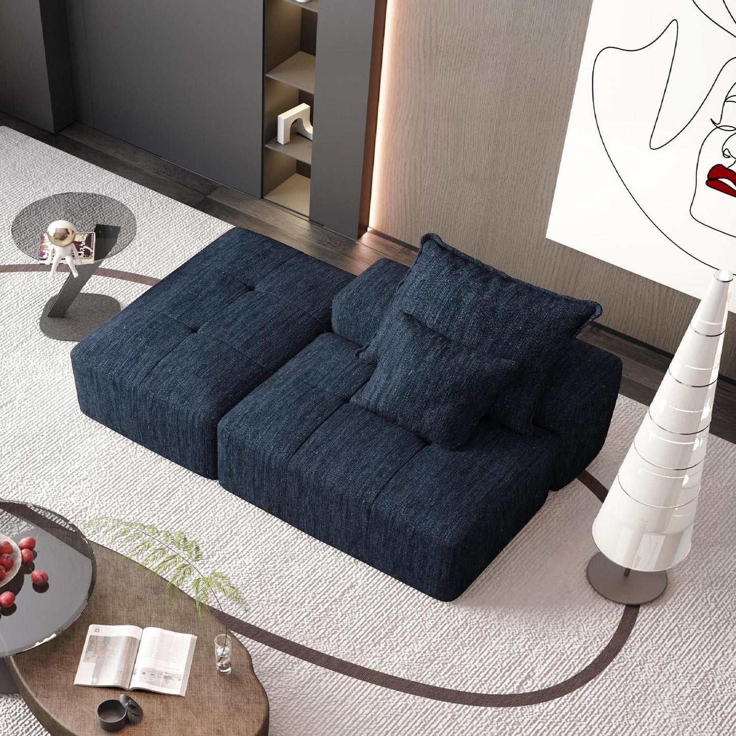Canapé modulaire moderne surdimensionné en chenille capitonné avec 2 oreillers et pouf pour le salon