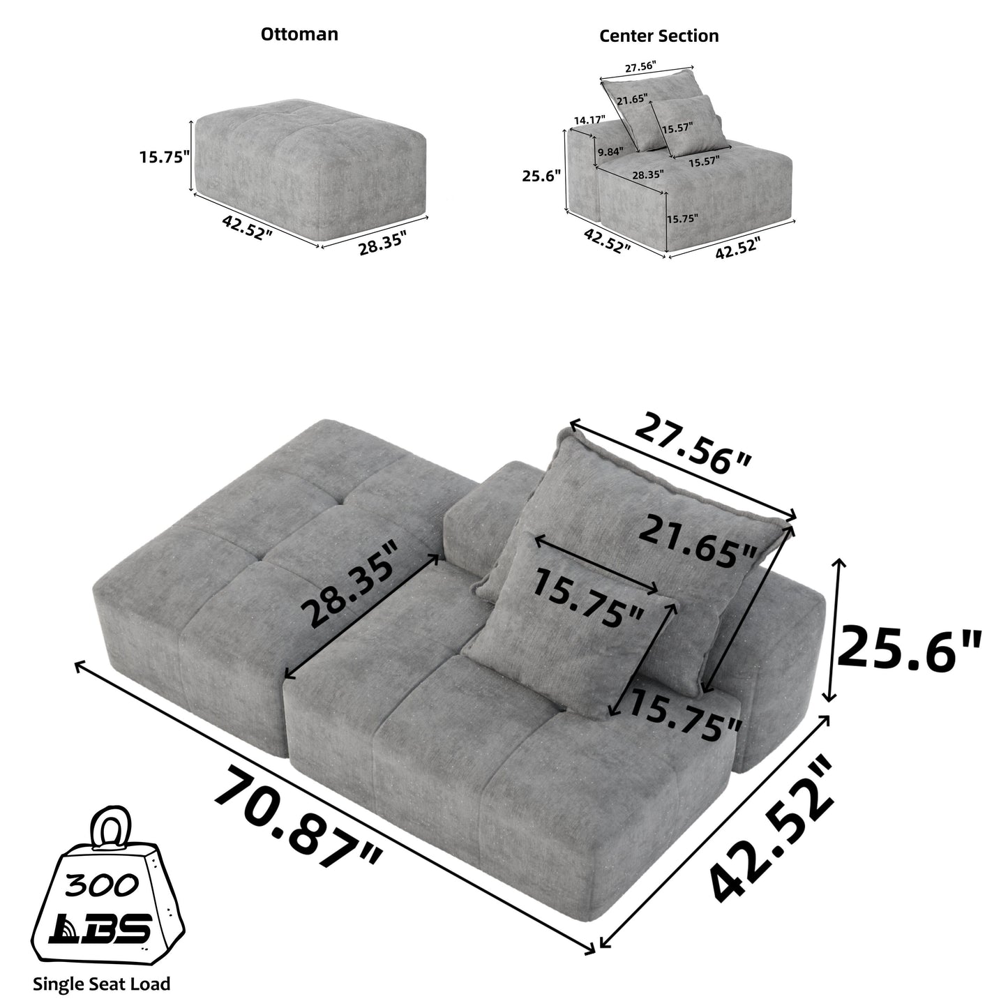 Canapé modulaire moderne surdimensionné en chenille capitonné avec 2 oreillers et pouf pour le salon