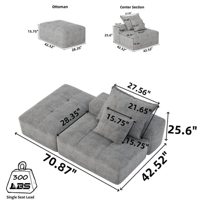 Canapé modulaire moderne surdimensionné en chenille capitonné avec 2 oreillers et pouf pour le salon