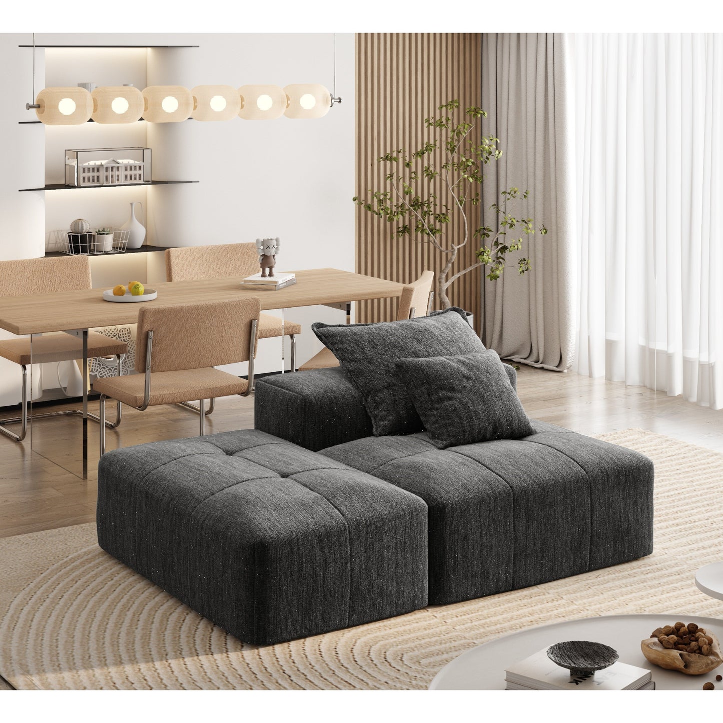 Canapé modulaire moderne surdimensionné en chenille capitonné avec 2 oreillers et pouf pour le salon