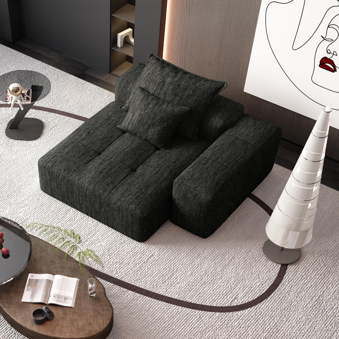 Canapé modulaire moderne surdimensionné en chenille capitonné avec 2 coussins pour salon ou bureau