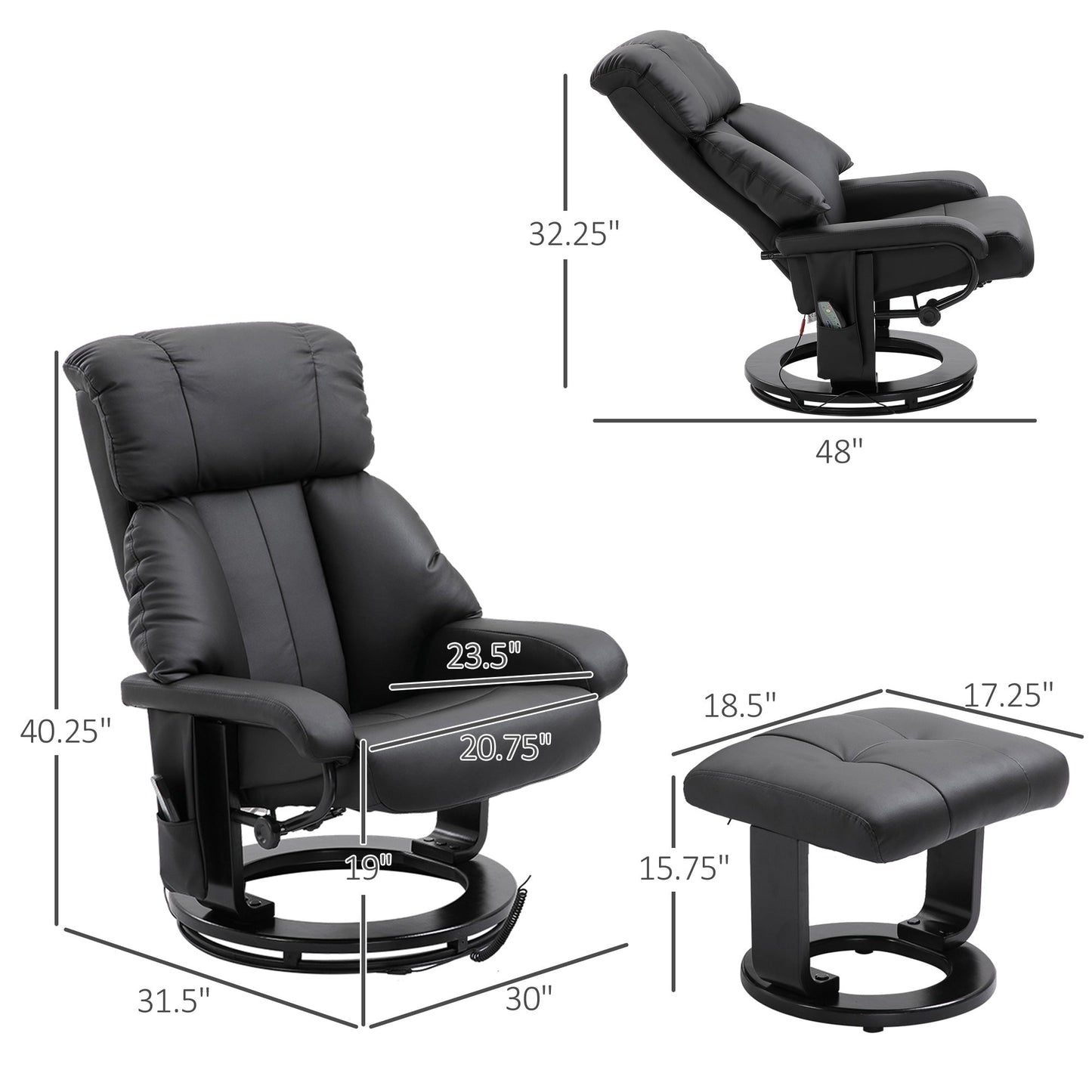 Fauteuil inclinable moderne en cuir PU avec repose-pieds, massage par vibrations à 10 zones et base pivotante en bois pour salon et chambre