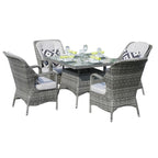 Ensemble de salle à manger moderne en aluminium et osier, 5 pièces, avec table carrée en verre et 4 chaises