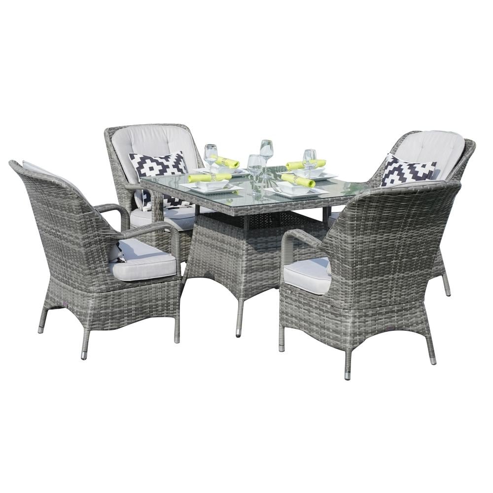 Ensemble de salle à manger moderne en aluminium et osier, 5 pièces, avec table carrée en verre et 4 chaises