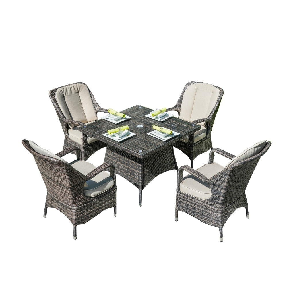 Ensemble de salle à manger moderne en aluminium et osier, 5 pièces, avec table carrée en verre et 4 chaises