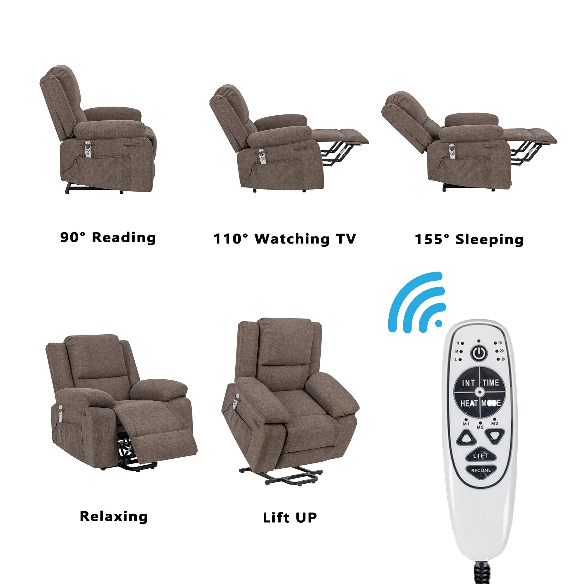 Fauteuil inclinable électrique moderne, canapé chauffant et massant réglable avec rangement latéral, repose-pieds et télécommande