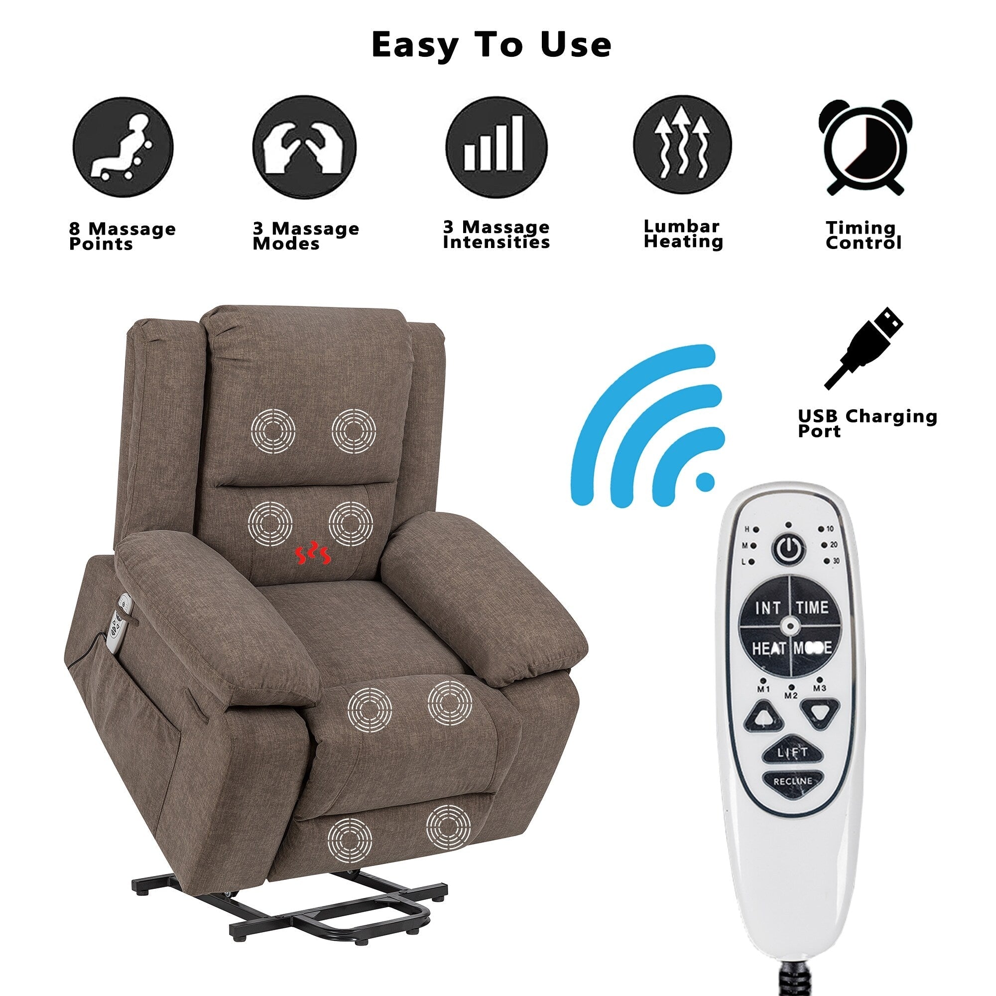 Fauteuil inclinable électrique moderne, canapé chauffant et massant réglable avec rangement latéral, repose-pieds et télécommande