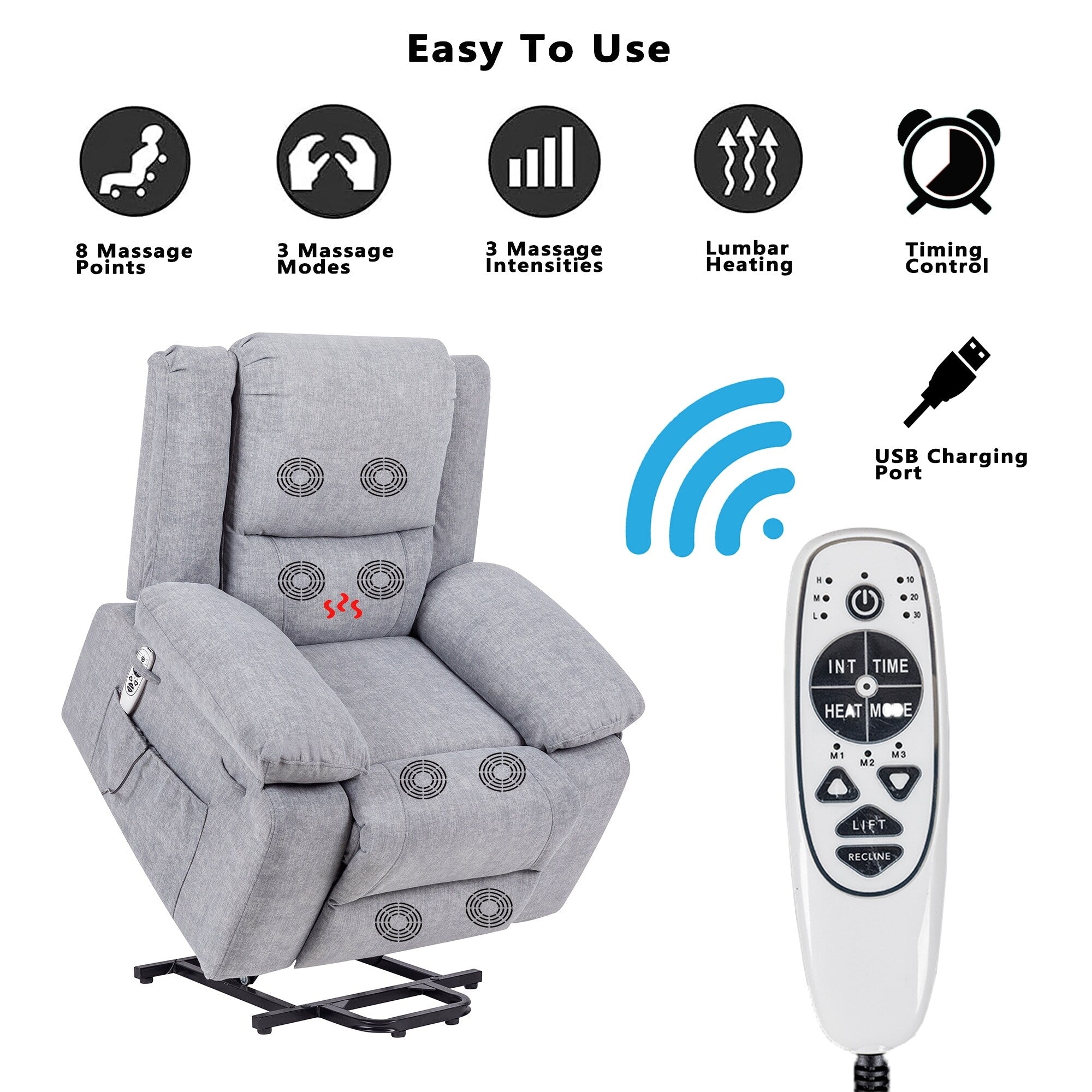 Fauteuil inclinable électrique moderne, canapé chauffant et massant réglable avec rangement latéral, repose-pieds et télécommande