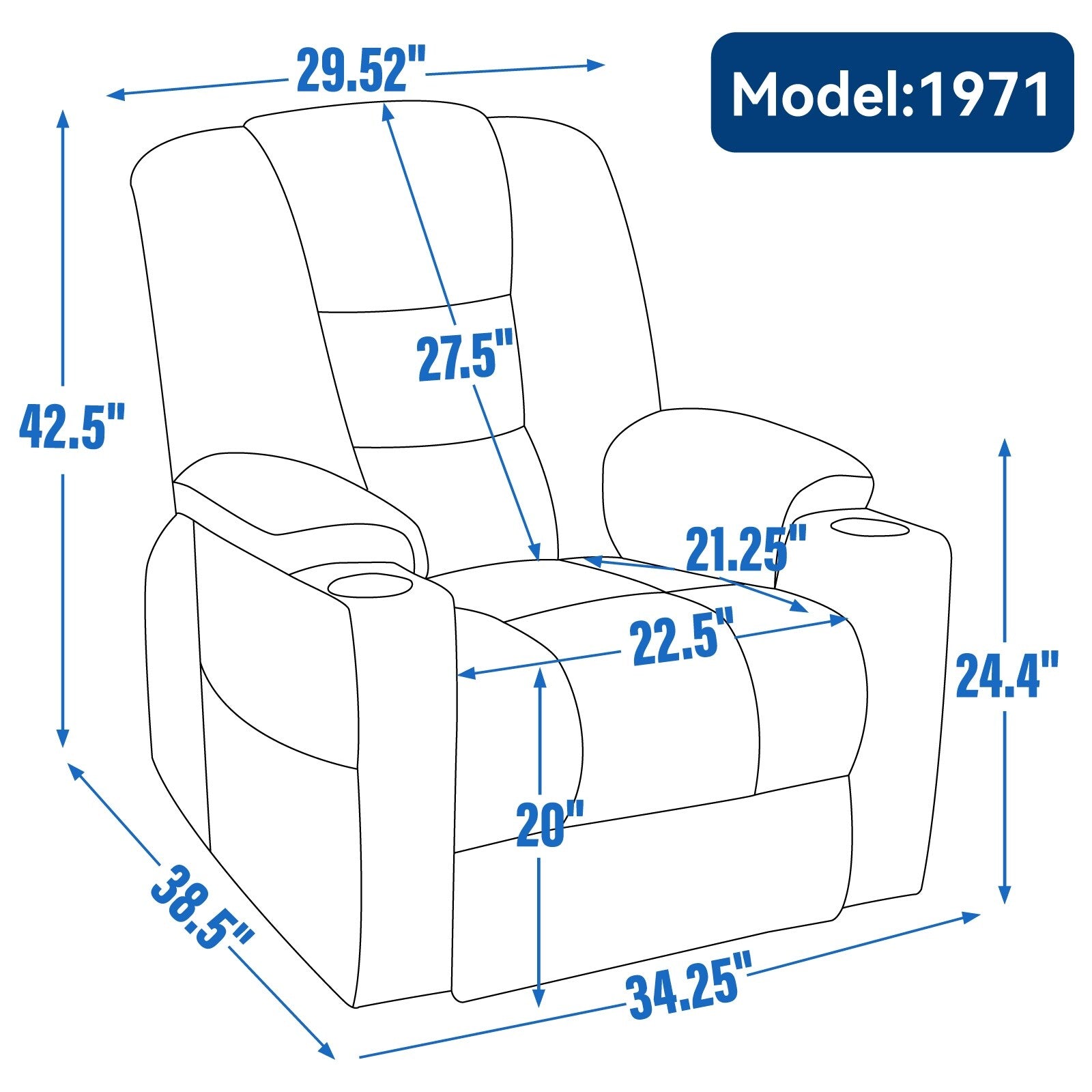 Fauteuil inclinable électrique moderne, fauteuil de massage chauffant, canapé simple rembourré avec deux ports USB et porte-gobelets