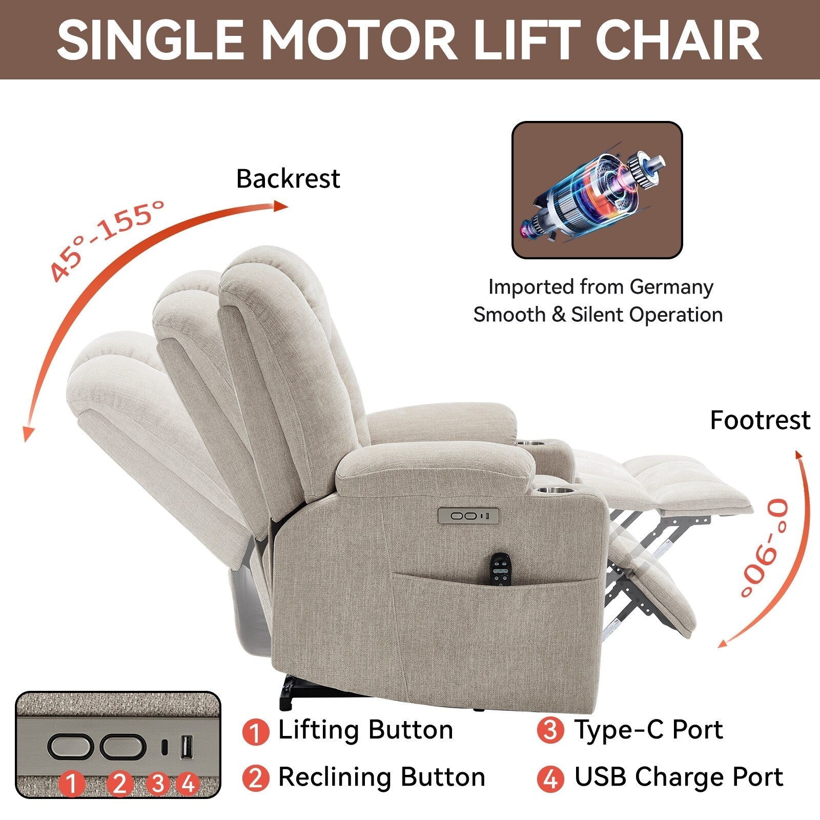 Fauteuil inclinable électrique moderne, fauteuil de massage chauffant, canapé simple rembourré avec deux ports USB et porte-gobelets