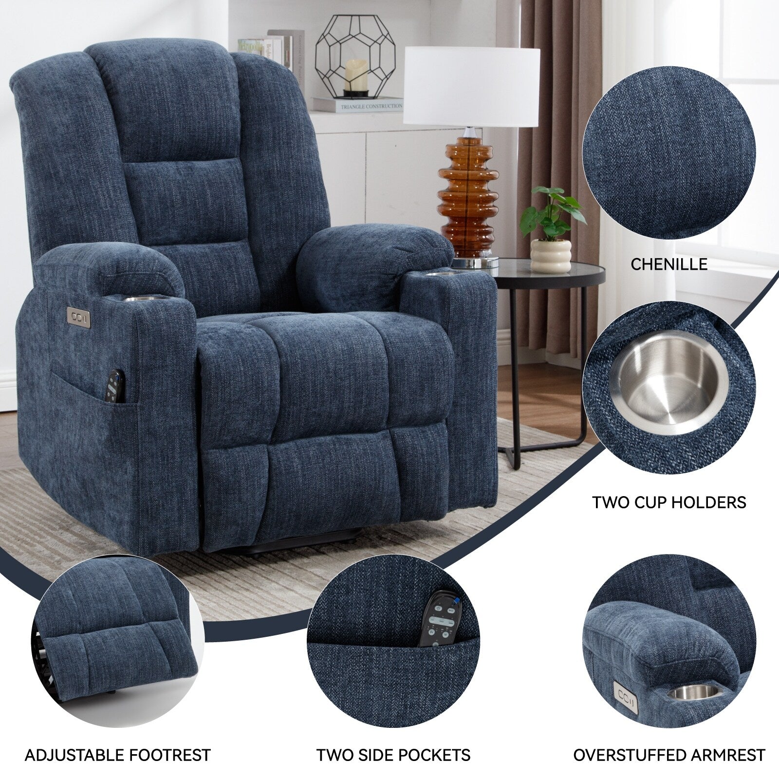 Fauteuil inclinable électrique moderne, fauteuil de massage chauffant, canapé simple rembourré avec deux ports USB et porte-gobelets