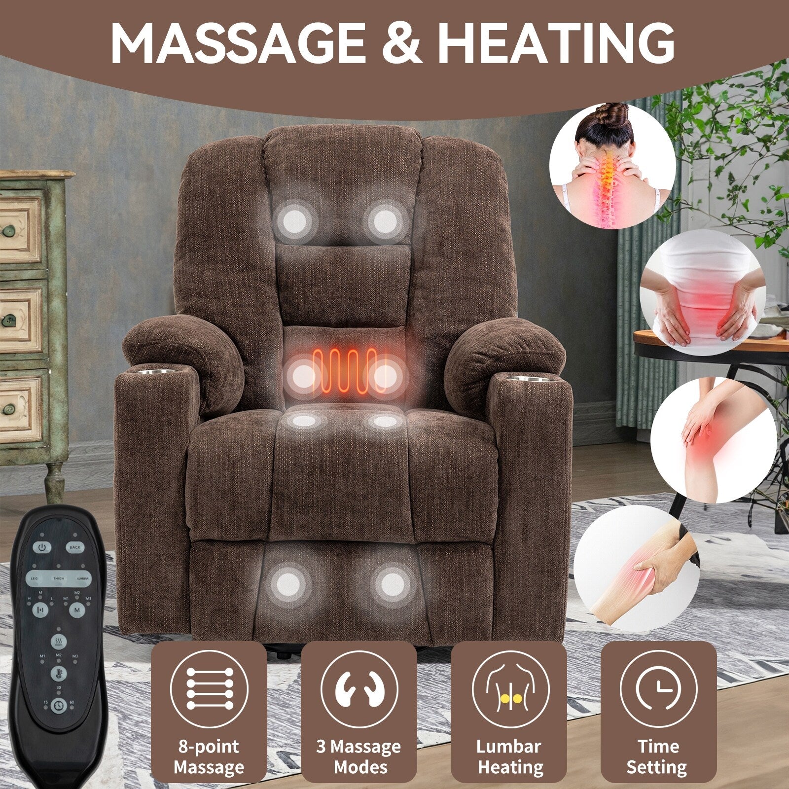 Fauteuil inclinable électrique moderne, fauteuil de massage chauffant, canapé simple rembourré avec deux ports USB et porte-gobelets
