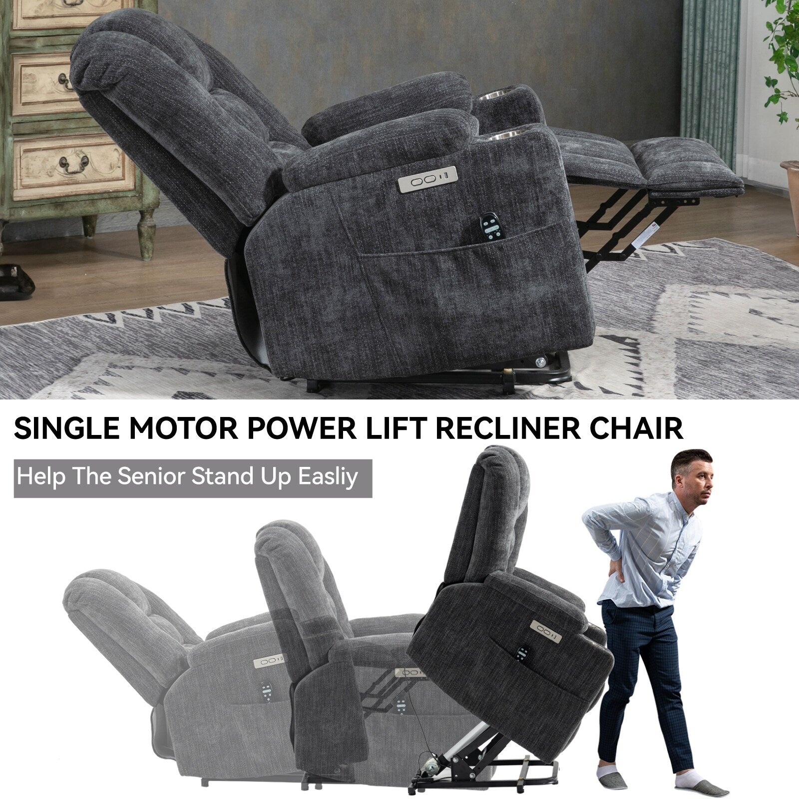 Fauteuil inclinable électrique moderne, fauteuil de massage chauffant, canapé simple rembourré avec deux ports USB et porte-gobelets