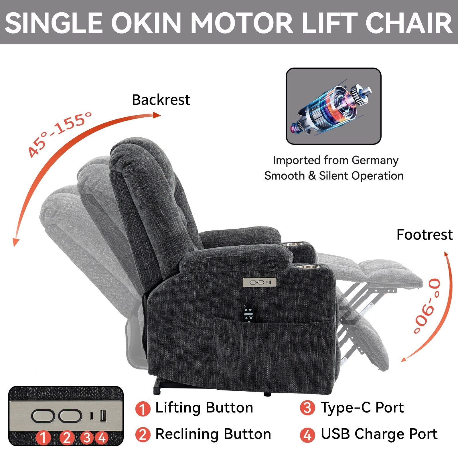 Fauteuil inclinable électrique moderne, fauteuil de massage chauffant, canapé simple rembourré avec deux ports USB et porte-gobelets