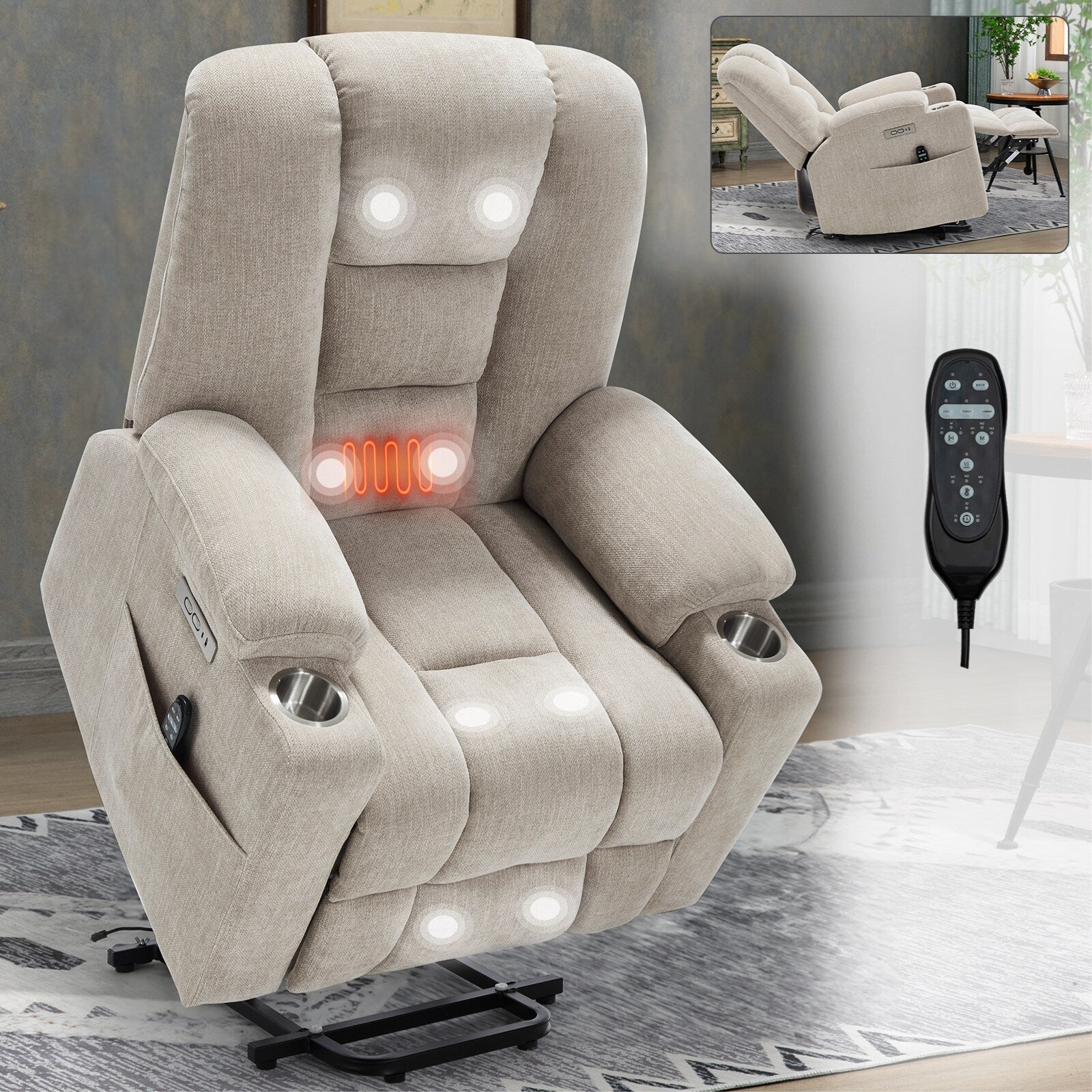 Fauteuil inclinable électrique moderne, fauteuil de massage chauffant, canapé simple rembourré avec deux ports USB et porte-gobelets