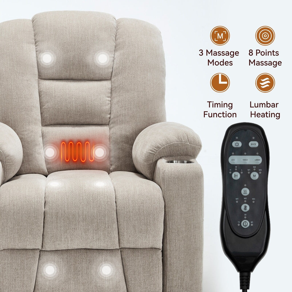 Fauteuil inclinable électrique moderne, fauteuil de massage chauffant, canapé simple rembourré avec deux ports USB et porte-gobelets
