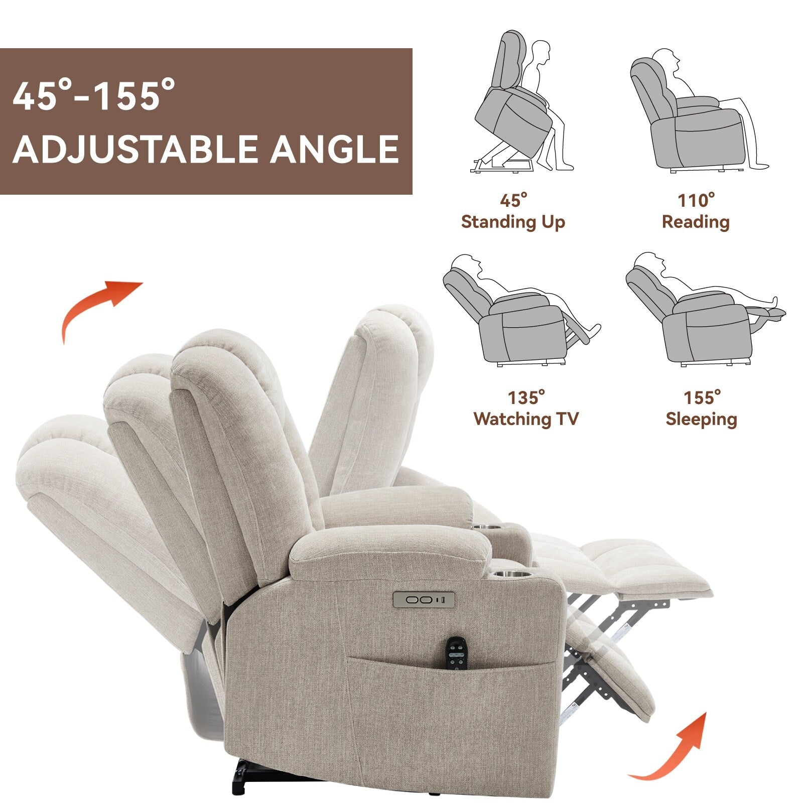 Fauteuil inclinable électrique moderne, fauteuil de massage chauffant, canapé simple rembourré avec deux ports USB et porte-gobelets