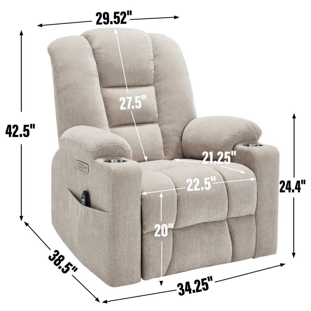 Fauteuil inclinable électrique moderne, fauteuil de massage chauffant, canapé simple rembourré avec deux ports USB et porte-gobelets