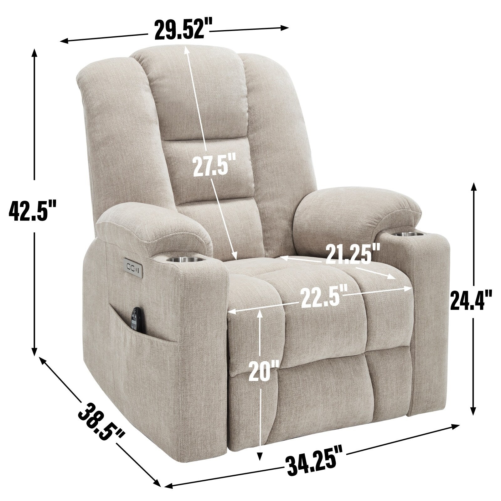 Fauteuil inclinable électrique moderne, fauteuil de massage chauffant, canapé simple rembourré avec deux ports USB et porte-gobelets