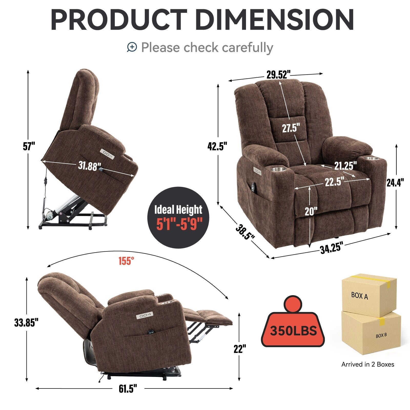 Fauteuil inclinable électrique moderne, fauteuil de massage chauffant, canapé simple rembourré avec deux ports USB et porte-gobelets