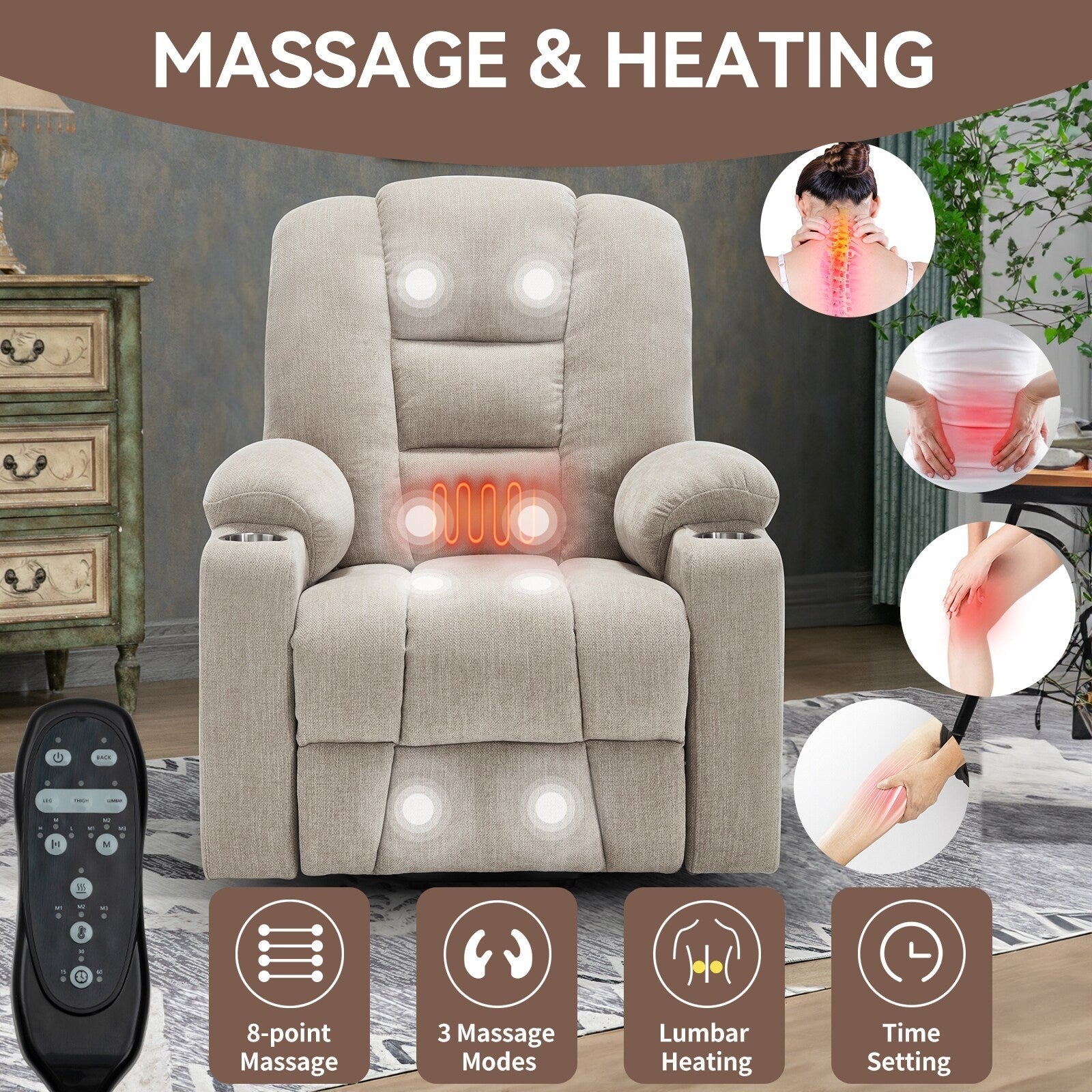 Fauteuil inclinable électrique moderne, fauteuil de massage chauffant, canapé simple rembourré avec deux ports USB et porte-gobelets