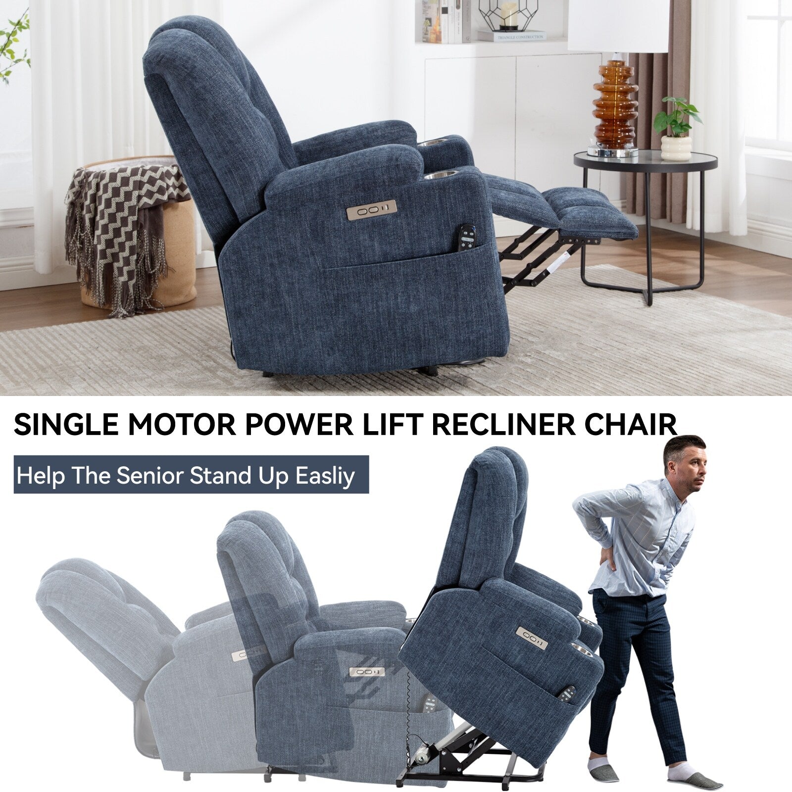 Fauteuil inclinable électrique moderne, fauteuil de massage chauffant, canapé simple rembourré avec deux ports USB et porte-gobelets