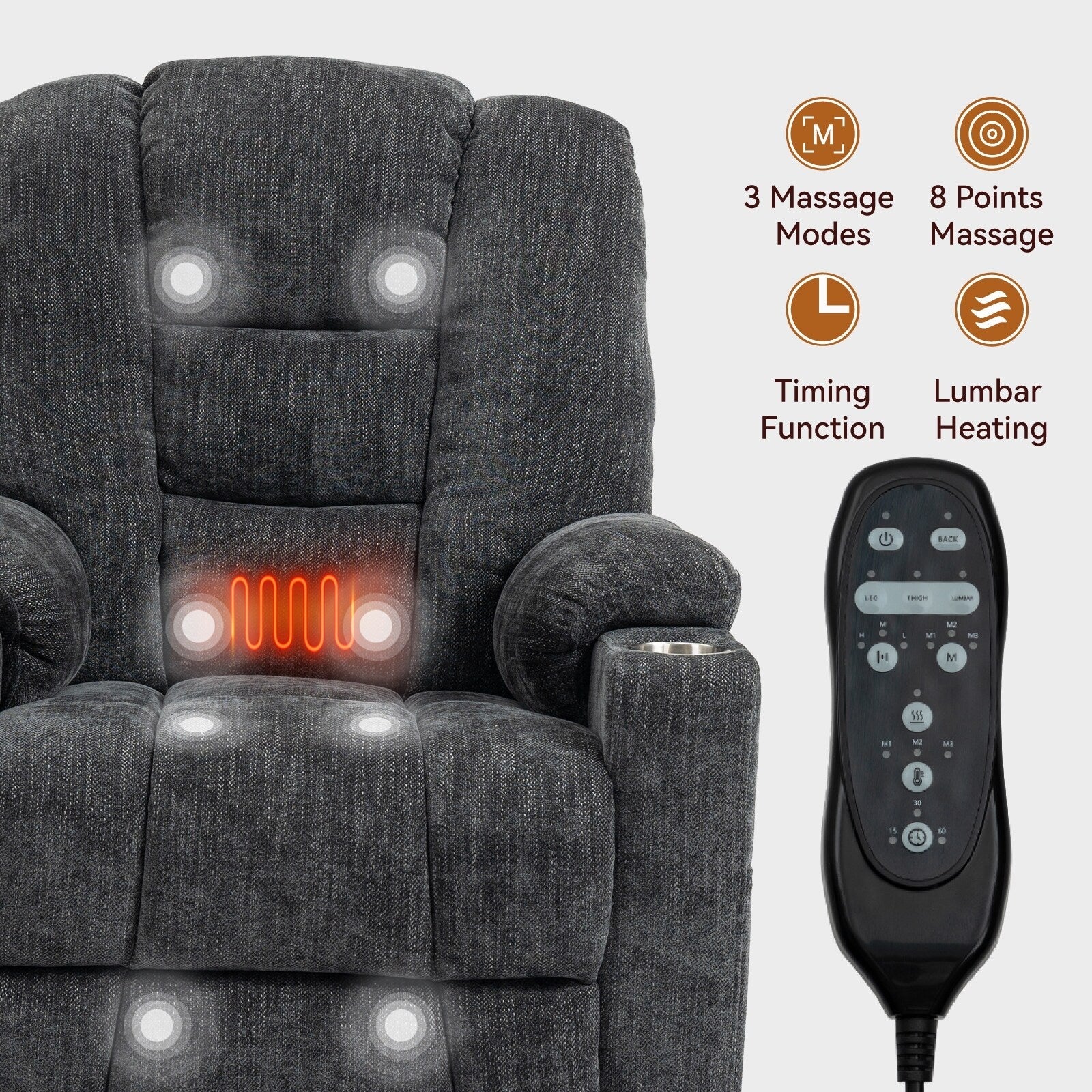 Fauteuil inclinable électrique moderne, fauteuil de massage chauffant, canapé simple rembourré avec deux ports USB et porte-gobelets
