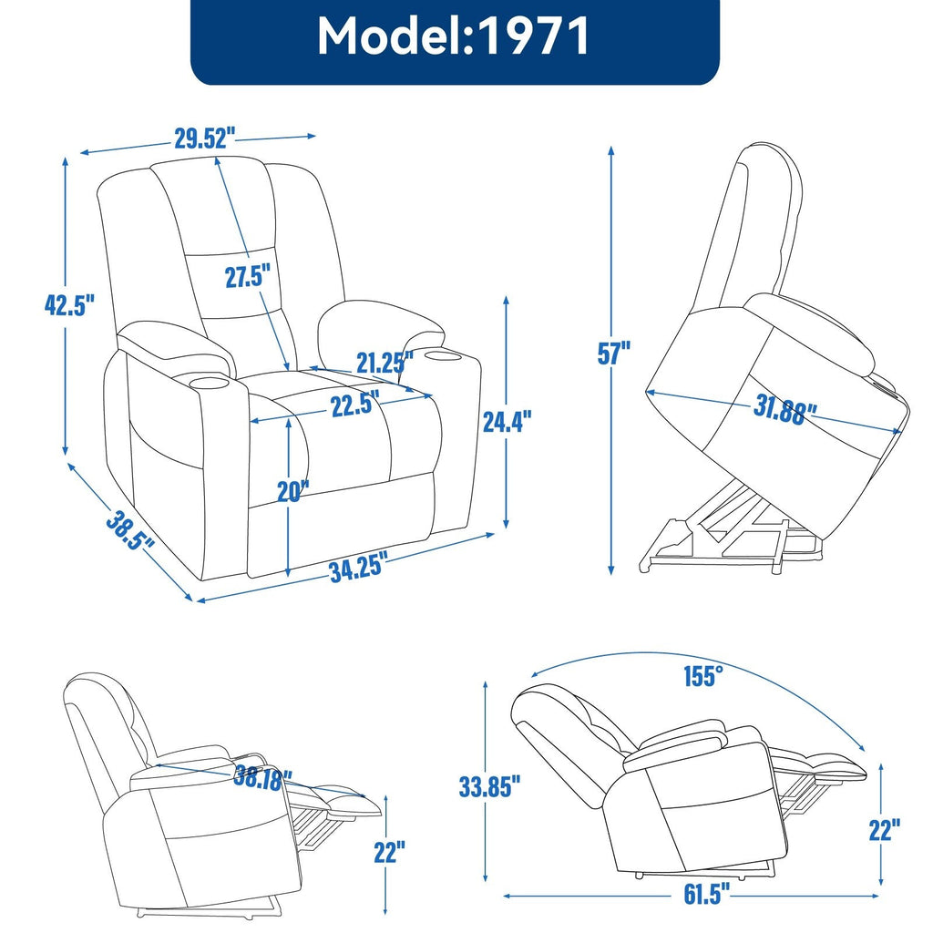 Fauteuil inclinable électrique moderne, fauteuil de massage chauffant, canapé simple rembourré avec deux ports USB et porte-gobelets