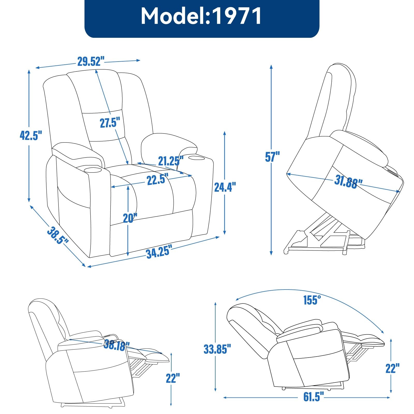 Fauteuil inclinable électrique moderne, fauteuil de massage chauffant, canapé simple rembourré avec deux ports USB et porte-gobelets