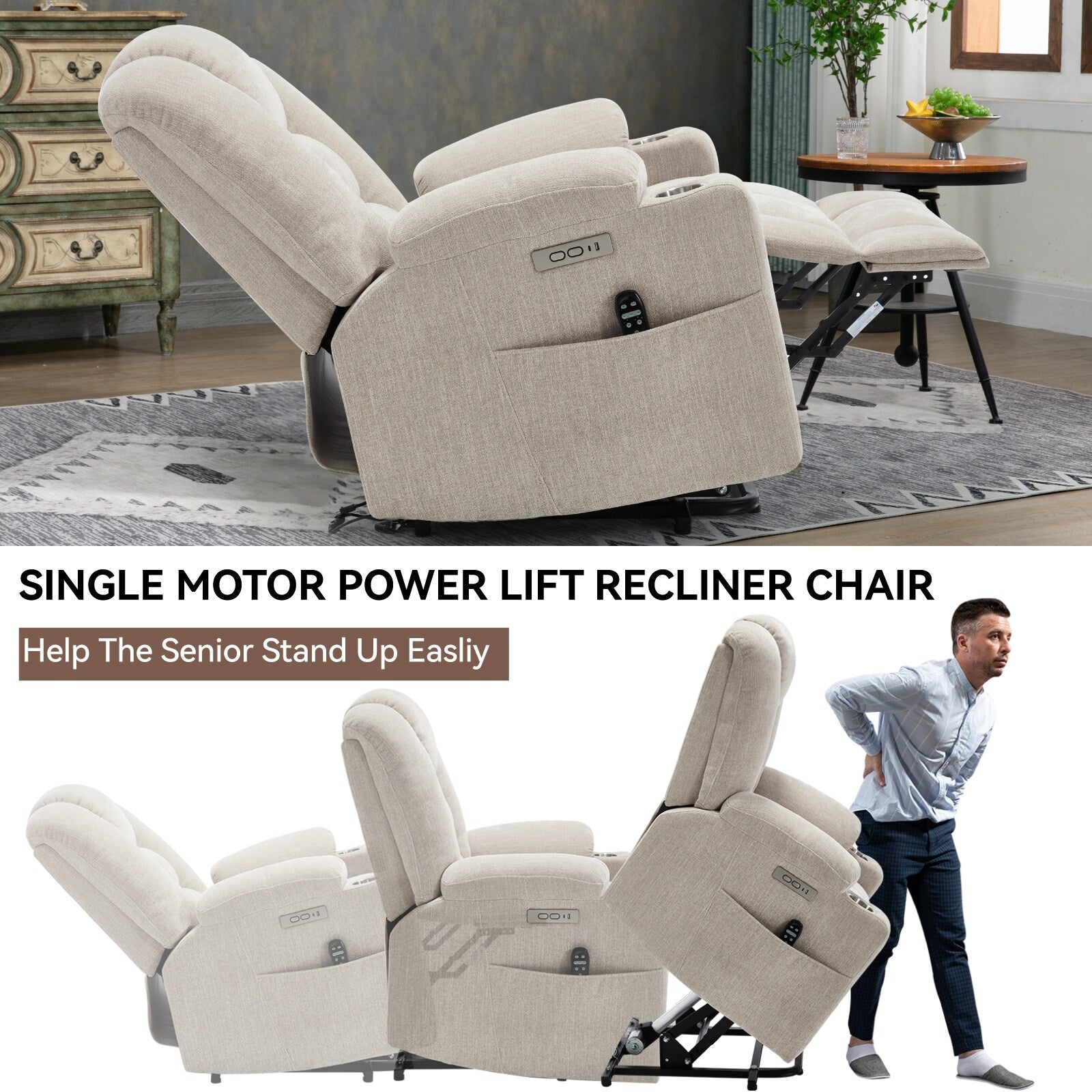 Fauteuil inclinable électrique moderne, fauteuil de massage chauffant, canapé simple rembourré avec deux ports USB et porte-gobelets