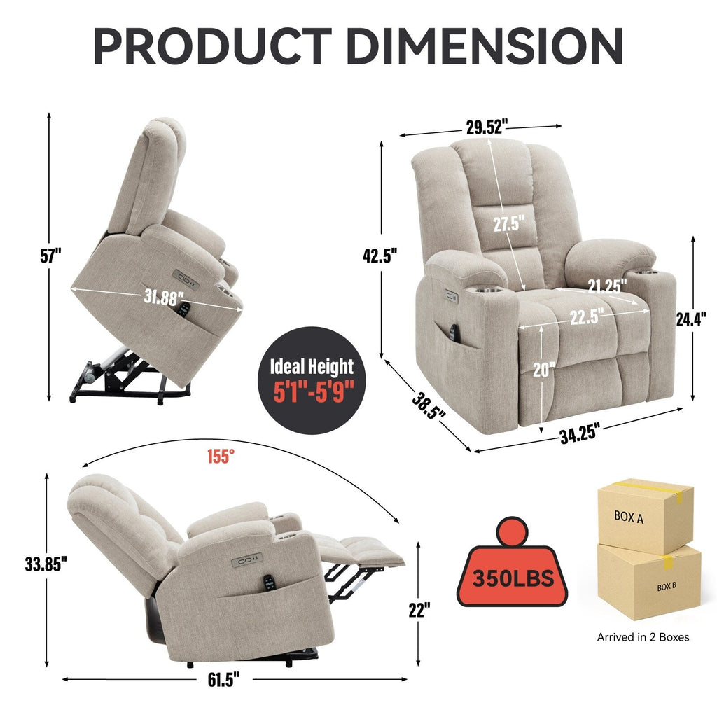 Fauteuil inclinable électrique moderne, fauteuil de massage chauffant, canapé simple rembourré avec deux ports USB et porte-gobelets