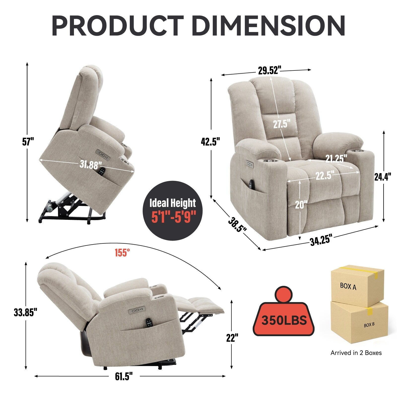 Fauteuil inclinable électrique moderne, fauteuil de massage chauffant, canapé simple rembourré avec deux ports USB et porte-gobelets