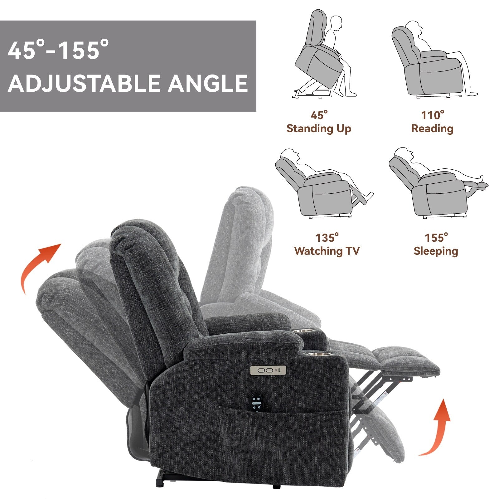 Fauteuil inclinable électrique moderne, fauteuil de massage chauffant, canapé simple rembourré avec deux ports USB et porte-gobelets