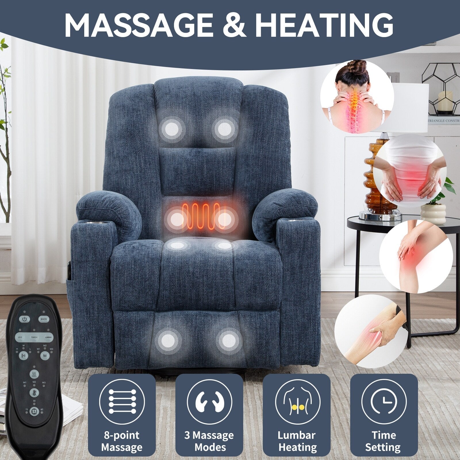 Fauteuil inclinable électrique moderne, fauteuil de massage chauffant, canapé simple rembourré avec deux ports USB et porte-gobelets