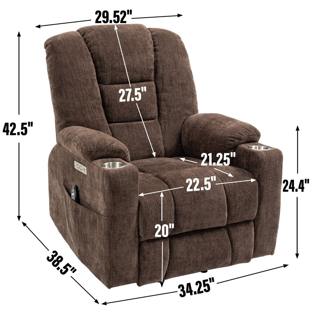 Fauteuil inclinable électrique moderne, fauteuil de massage chauffant, canapé simple rembourré avec deux ports USB et porte-gobelets