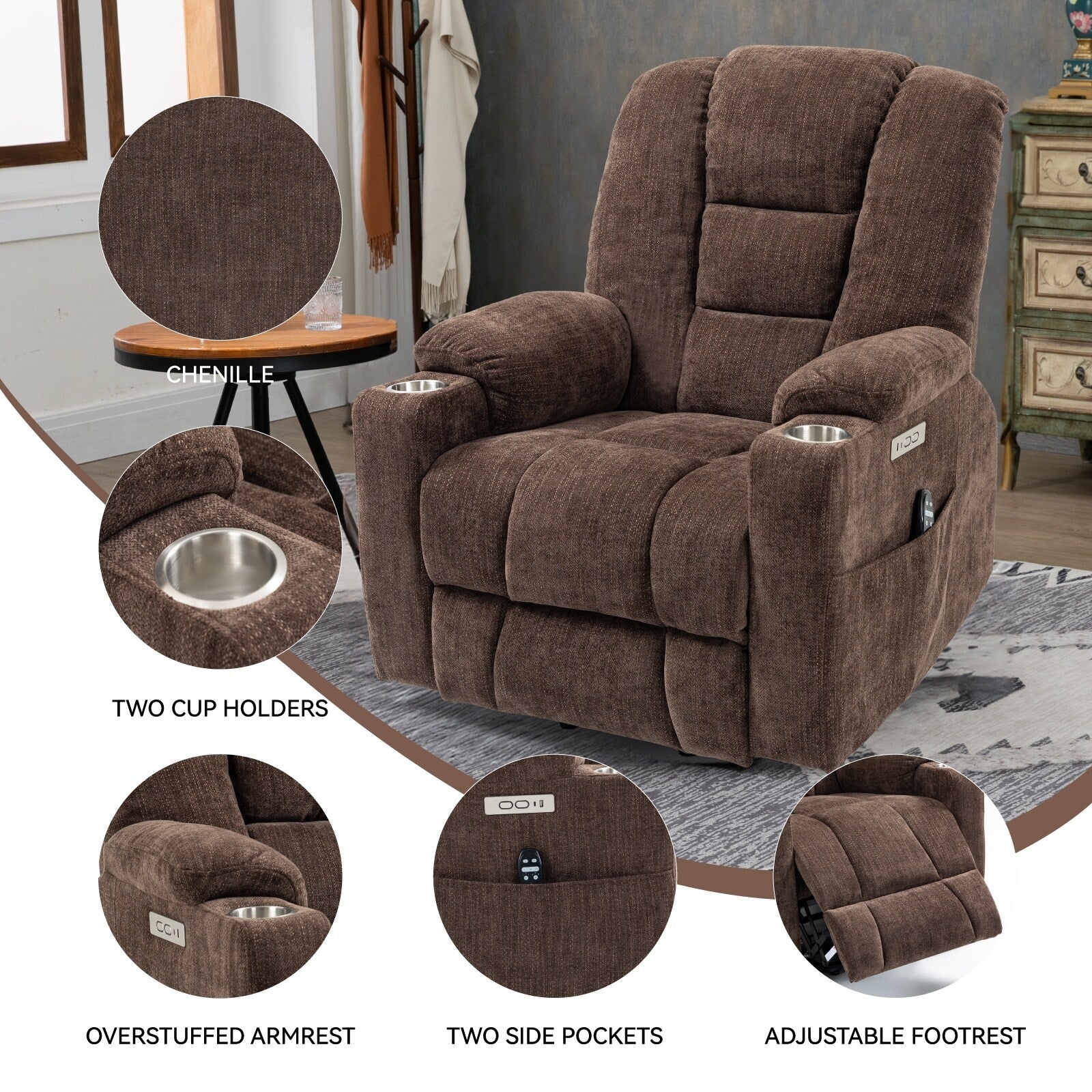 Fauteuil inclinable électrique moderne, fauteuil de massage chauffant, canapé simple rembourré avec deux ports USB et porte-gobelets
