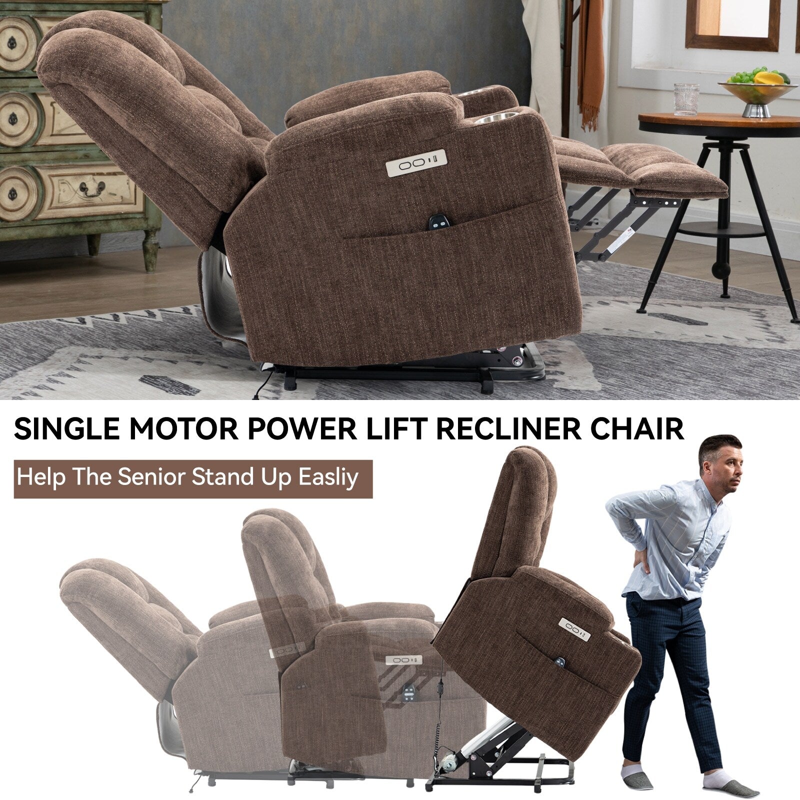 Fauteuil inclinable électrique moderne, fauteuil de massage chauffant, canapé simple rembourré avec deux ports USB et porte-gobelets
