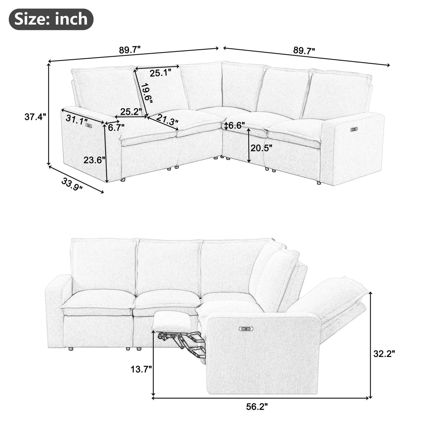 Fauteuil inclinable électrique moderne, canapé moelleux pour home cinéma avec port USB pour salon