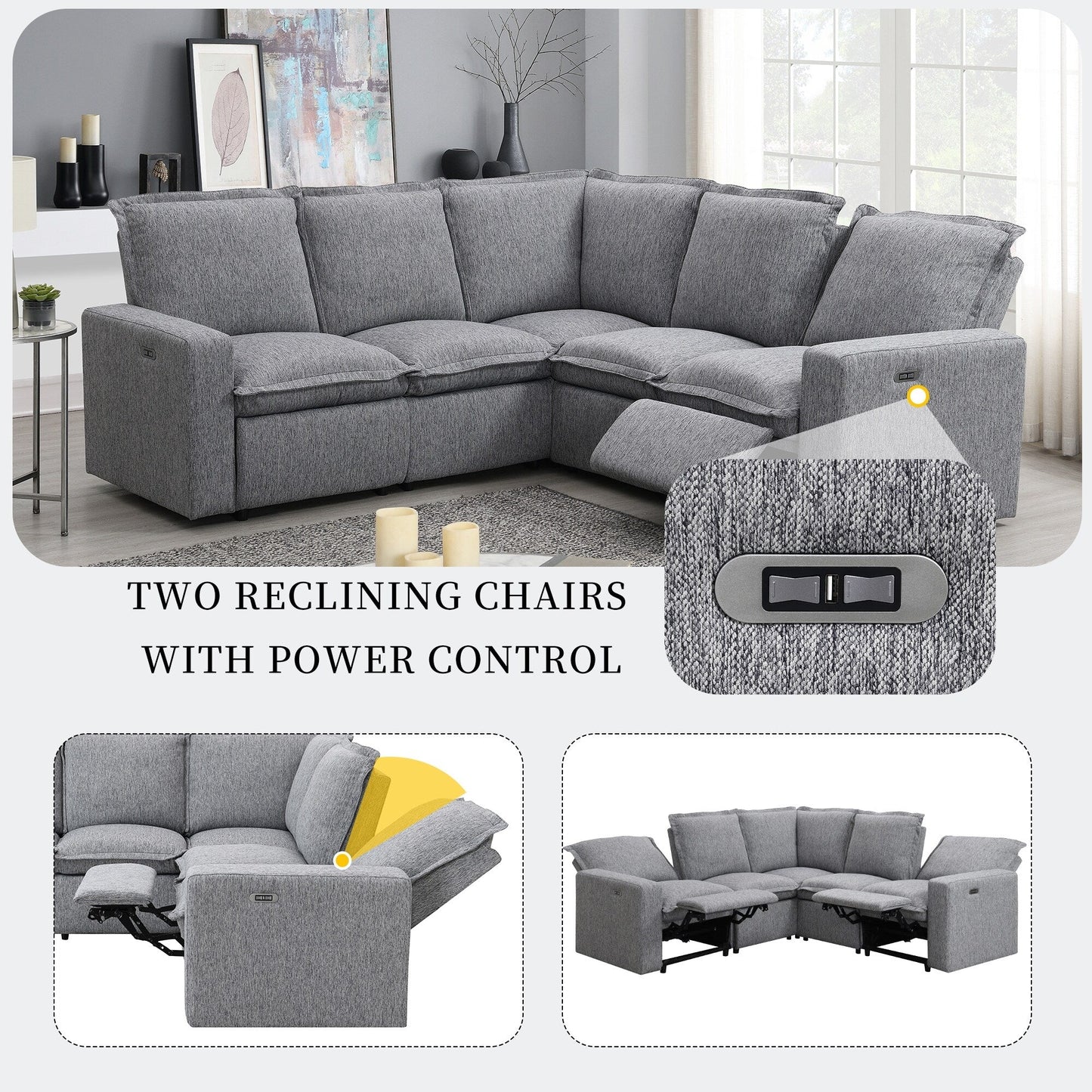 Fauteuil inclinable électrique moderne, canapé moelleux pour home cinéma avec port USB pour salon