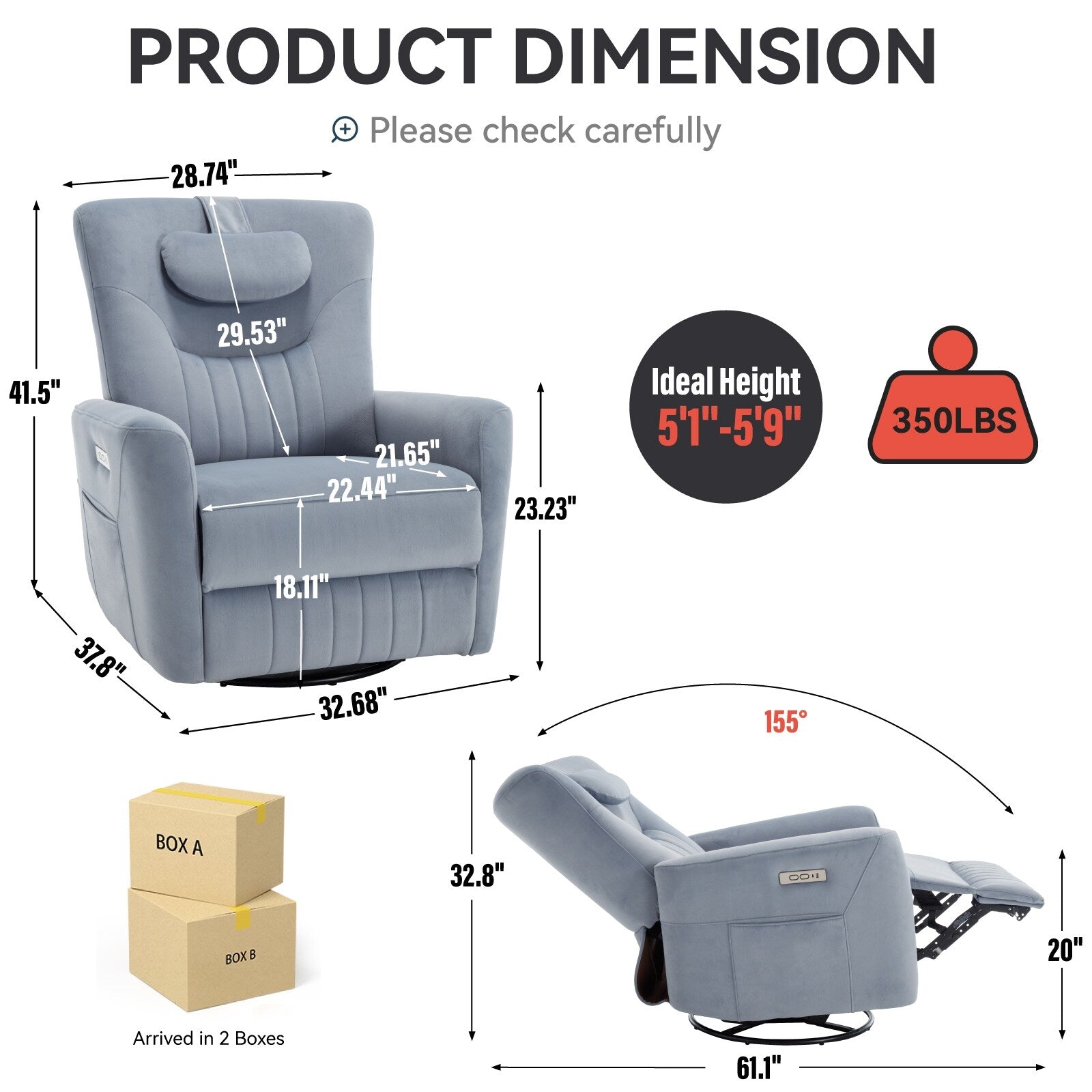 Canapé inclinable électrique moderne, pivotant et réglable, avec ports USB et Type-C, oreiller amovible