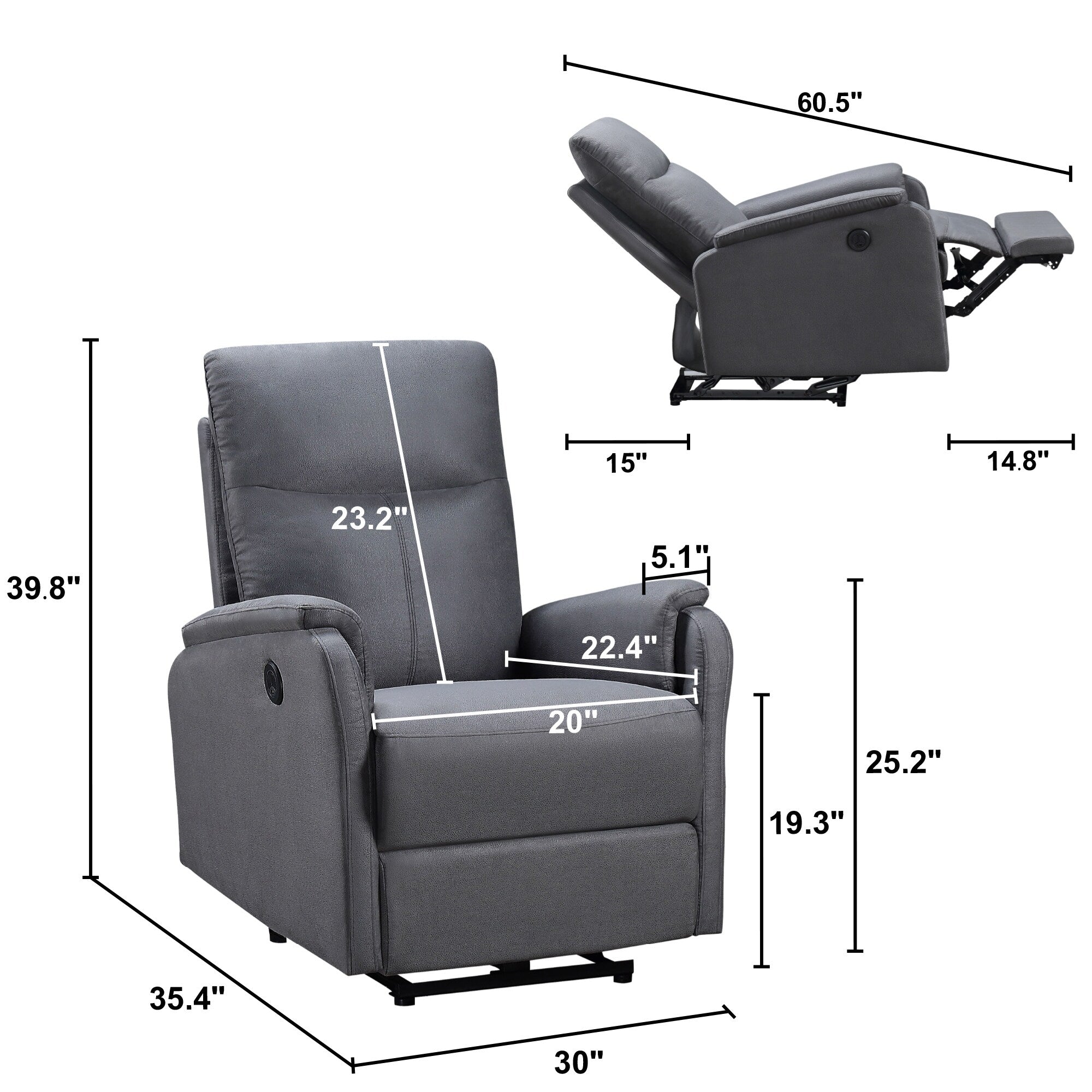 Fauteuil inclinable électrique moderne avec port USB, dossier haut et revêtement facile à nettoyer pour salon ou chambre