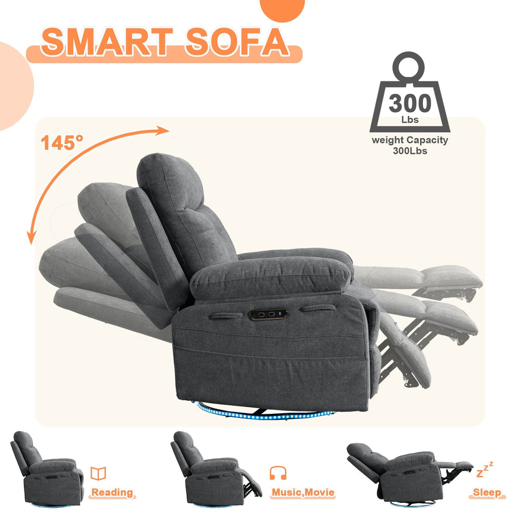 Fauteuil inclinable électrique moderne avec haut-parleur Bluetooth, éclairage LED, ports de chargement USB, repose-pieds rétractable et poches de rangement